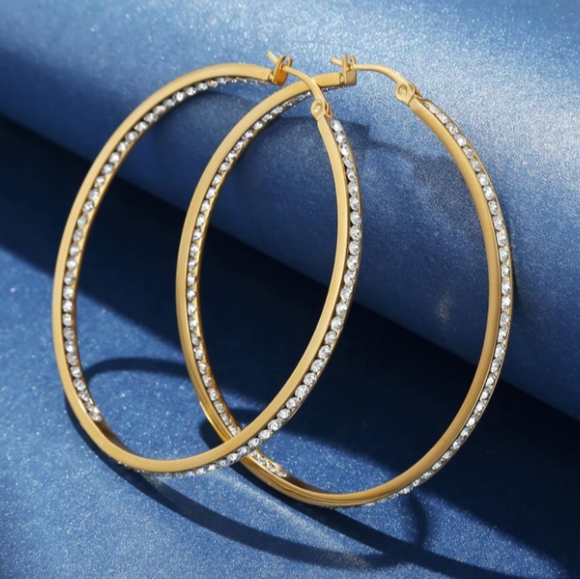 Big Clear Rhinestone Gold Hoop Earrings Sparkle Channel Hoops CZ Crystals New - Picture 2 of 5